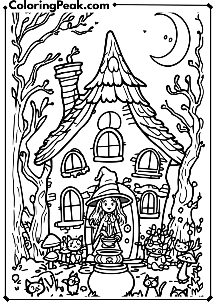 Witch's Cozy Cottage halloween coloring pages
